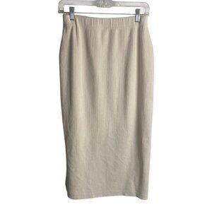 Free People Size Small Ribbed Cordory Midi Skirt Cream Slit Boho Elastic Waist